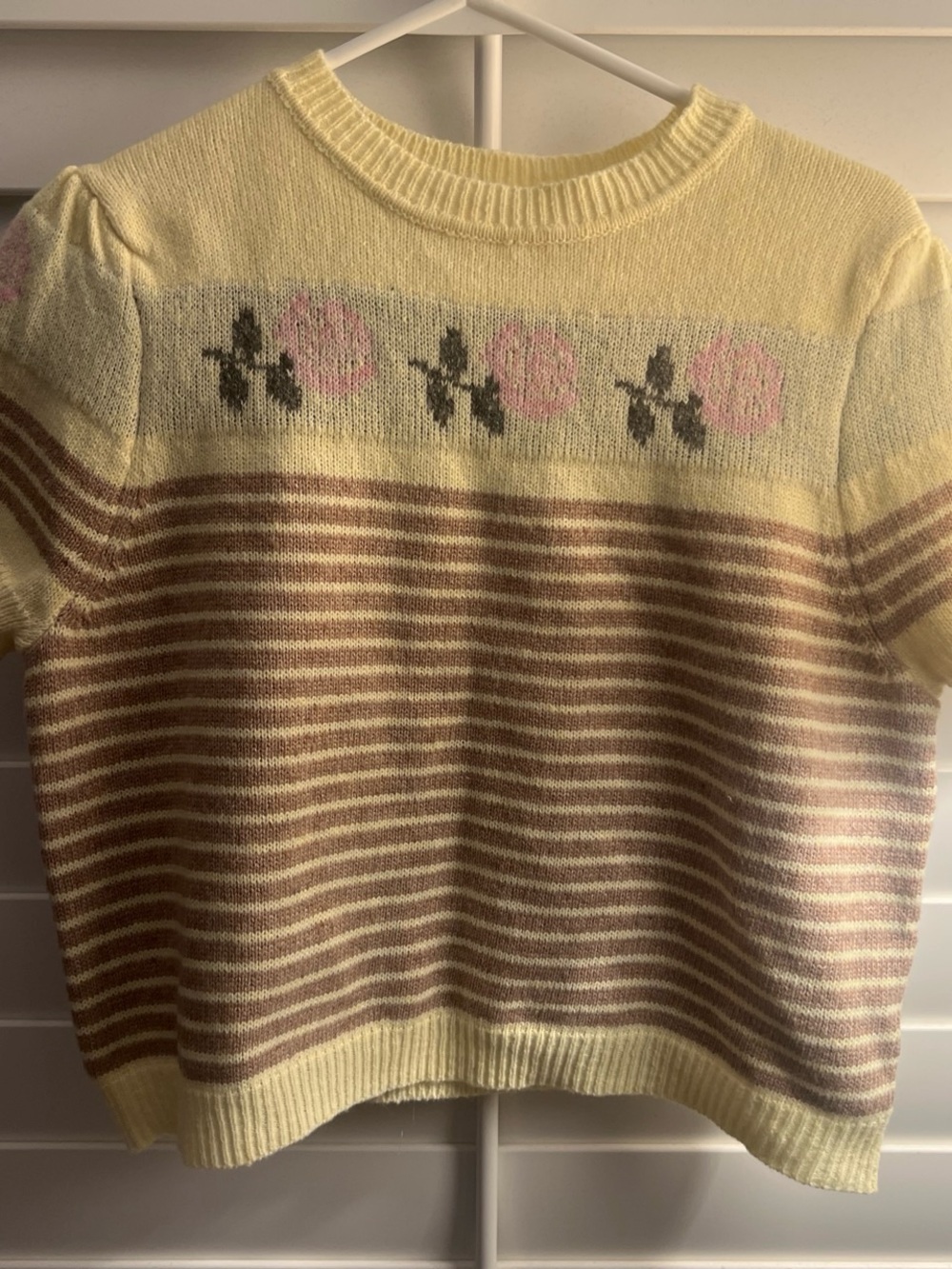 SHEIN Cream Sweater with Pink Floral & Brown Stripes